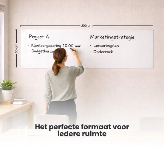 FLOKOO Whiteboard Sticker XL Zelfklevend (200 x 45 cm) met 4 Stiften met Wisser - Whiteboard Folie - Beschrijfbare Muursticker - Whiteboardsticker - Whiteboardfolie - Schoolbord Folie - Memobord Folie