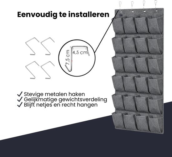 Schoenenkast Hangend - Schoenenzak 24 vakken - Opbergen van Schoenen aan Deur - Schoenenzak licht grijs - Oplossing voor rondslingerende schoenen - Hoogwaardige Schoenenkast