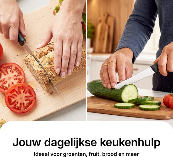 Chefino Tafelmessen Set 6 Stuks – Gekartelde Messen RVS – Steakmessen – Broodmesjes – Tomatenmessen – Vaatwasserbestendig – Zwart