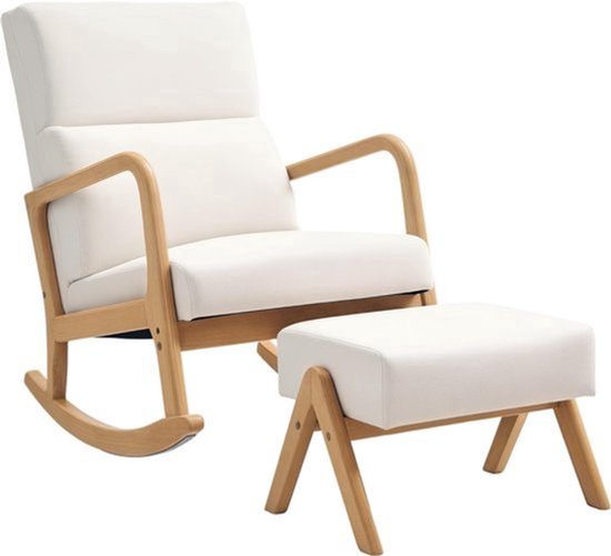4goodz Schommelstoel met Kruk - Zachte Bekleding Linnenlook - Houten Frame - Crèmewit