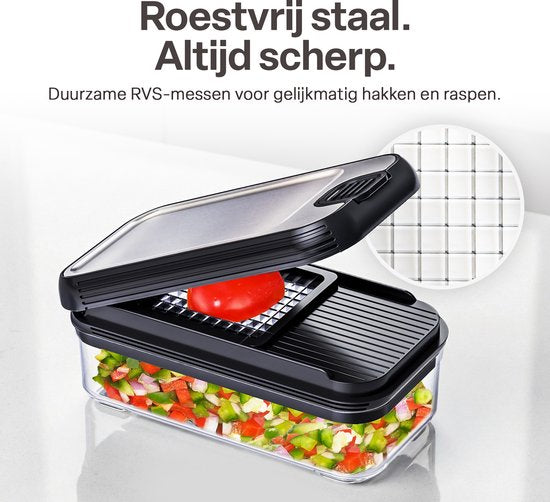 Groentesnijder Set met Opvangbak 750 ml – Mandoline Snijder – Groente Hakker – Uiensnijder – Blokjessnijder – Julienne Snijder – Groente Rasp – Keuken Mandoline met 5 RVS Messen