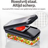 Groentesnijder Set met Opvangbak 750 ml – Mandoline Snijder – Groente Hakker – Uiensnijder – Blokjessnijder – Julienne Snijder – Groente Rasp – Keuken Mandoline met 5 RVS Messen