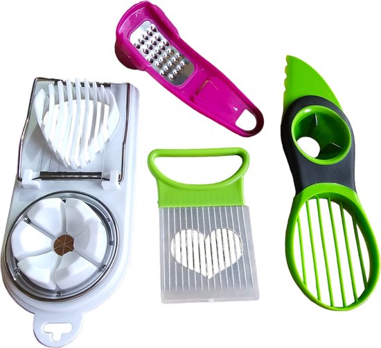 Sasemy® - Tools voor in de keuken - Set van 4 - #5 - Championsnijder, Keuken Gadget - Fruitsnijer - Keuken Accessoires - Kitchen Tools - Knoflook-en of gember rasp - Avocadosnijder - Citrussnijder - Sinterklaas cadeau - Kerst cadeau - Campinghulp