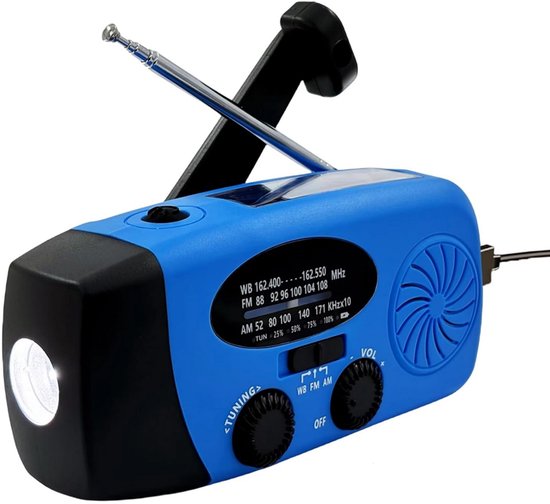 NovaWare Noodradio Solar Opwindbaar - Powerbank Zonneenergie met 5000mAh - FM-AM - Noodpakket - Draagbare Radio – Batterij - Blauw