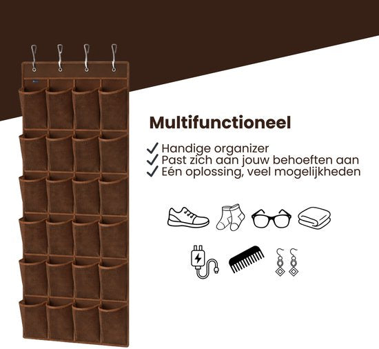 Schoenenkast Hangend - Schoenenzak 24 vakken - Opbergen van Schoenen aan Deur - Schoenenzak Bruin - Oplossing voor rondslingerende schoenen - Hoogwaardige Schoenenkast