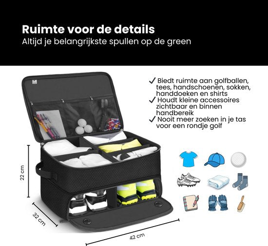 Golf Organizer Tas voor Kofferbak – Golf Accessoire Opbergbox met Schoenenvak – Waterafstotende Golf Opbergtas met Verstelbare Vakken – Golf Cadeau voor Heren & Dames – Zwart