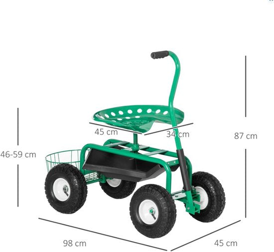 Tuinwagen met zitting, opbergmand voor tuingereedschap, verstelbare zithoogte 46-59 cm - tot 150 kg