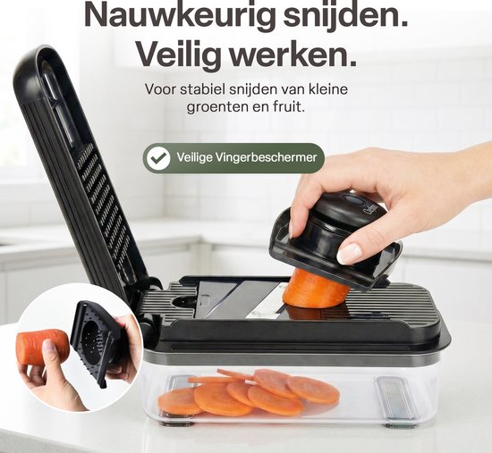 Groentesnijder Set met Opvangbak 750 ml – Mandoline Snijder – Groente Hakker – Uiensnijder – Blokjessnijder – Julienne Snijder – Groente Rasp – Keuken Mandoline met 5 RVS Messen