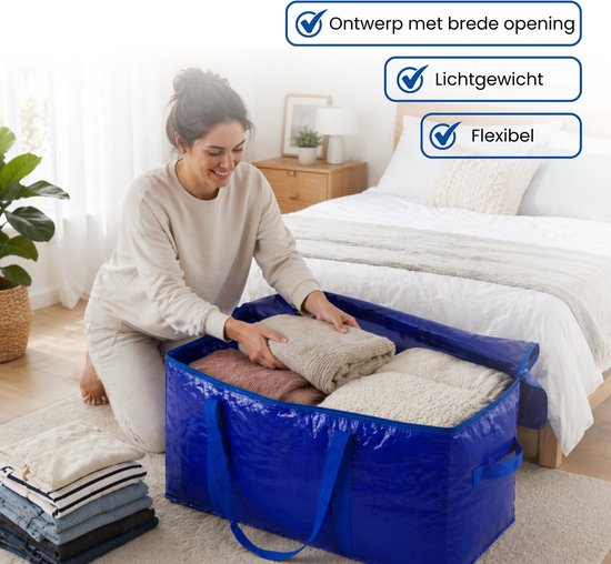 Opbergtassen XL - Blauw - 4 Stuks - 92 Liter - Verhuistassen - Big Shopper - Waterdicht - Opbergzak met Handvat