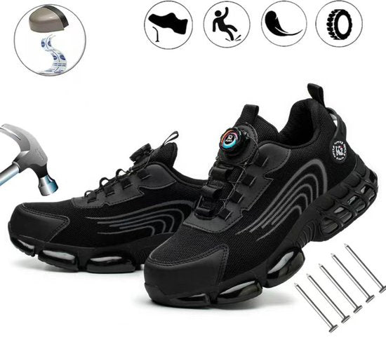 Veiligheidsschoenen Heren - Maat 46 - Stalen Neus & Anti-Perforatie Zool - Lichtgewicht & Ademend - Anti-Slip Werkschoenen met Draaisluiting - Zwart