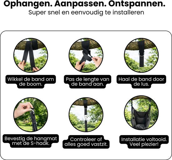 Hangstoel met Kussen – Hangende Stoel voor Binnen en Buiten – Inclusief Ophangset – Belastbaar tot 125 kg – Katoenen Hangstoel voor Tuin, Balkon, Slaapkamer & Balkon – Zwart