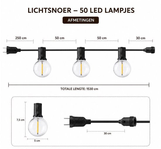 Prikkabel Buiten 15,3 Meter – 25 LED Lampen – Koppelbare Lichtsnoer Buiten – Waterdichte Tuinverlichting – Warm Wit – Sfeerverlichting voor Tuin, Balkon, Terras & Overkapping