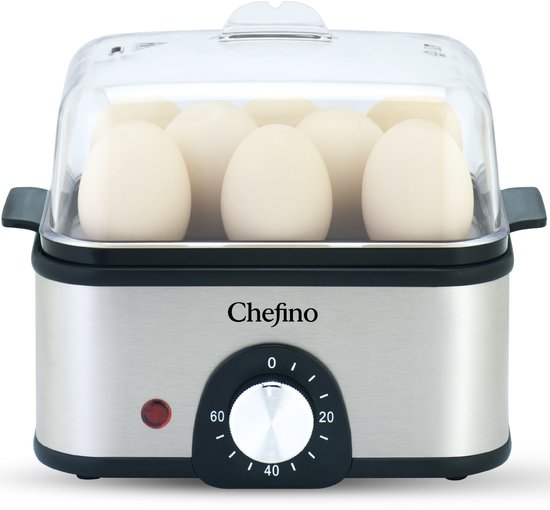 Chefino Eierkoker – Elektrisch – 8 Eieren – RVS – BPA-vrij – Timer & Automatische Uitschakeling – Inclusief Maatbeker met Eierprikker & Pochéerschaal – Anti-oververhitting – Zilver-Zwart