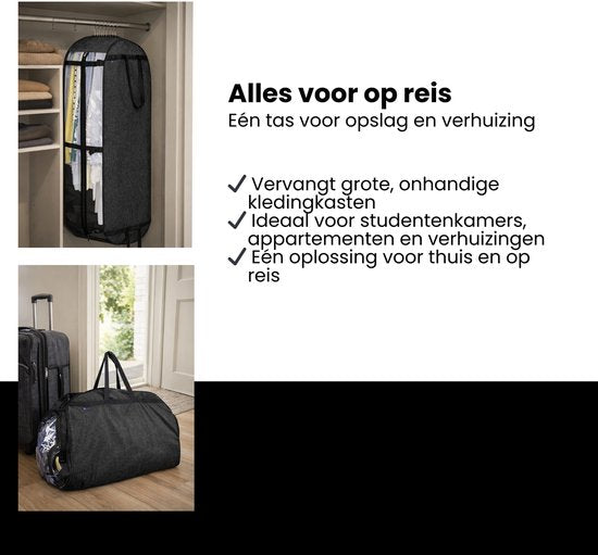 Kledinghoes met Hanger – Opvouwbare Kleding Organizer – Kleding Opbergzak met Rits & Venster – Kleding Transporthoes – Geschikt voor Verhuizen & Reizen – 127 x 60 x 25 cm – Zwart
