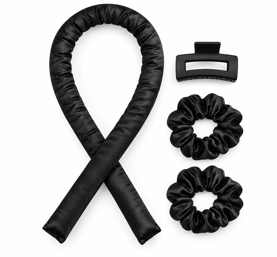 Heatless Curls Set – Krullen Zonder Hitte – Satijnen Krulband – Overnight Hair Curler – Inclusief 2 Scrunchies & Haarklem – Zwart