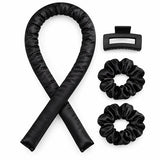 Heatless Curls Set – Krullen Zonder Hitte – Satijnen Krulband – Overnight Hair Curler – Inclusief 2 Scrunchies & Haarklem – Zwart