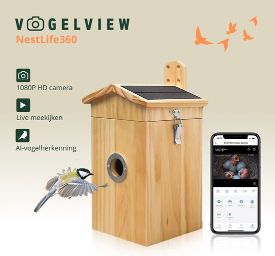 Vogelview Nestlife360 - Vogelhuisje met Camera - Hout - AI vogelherkenning - 1080p HD - Audio - Met zonnepaneel