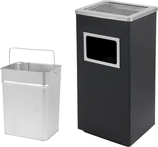 Asbak Voor Buiten - Zwart met RVS - 31 cm x 25 cm x 61 cm - Vloerasbak - Buitenasbak Groot - Rookpaal - Asbakken - Staande Asbak met RVS Afvalbak -