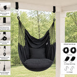Hangstoel met Kussen – Hangende Stoel voor Binnen en Buiten – Inclusief Ophangset – Belastbaar tot 125 kg – Katoenen Hangstoel voor Tuin, Balkon, Slaapkamer & Balkon – Zwart