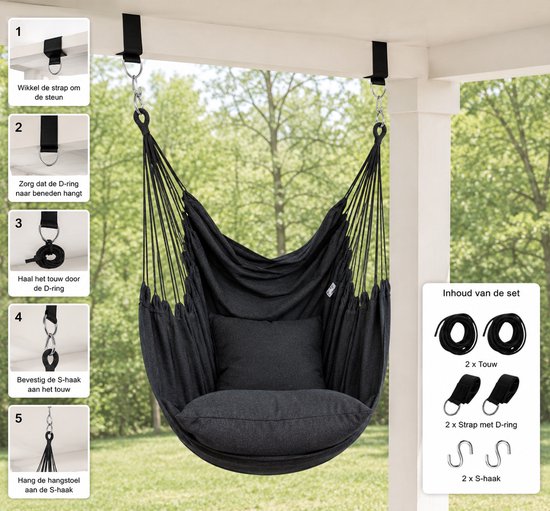 Hangstoel met Kussen – Hangende Stoel voor Binnen en Buiten – Inclusief Ophangset – Belastbaar tot 125 kg – Katoenen Hangstoel voor Tuin, Balkon, Slaapkamer & Balkon – Zwart