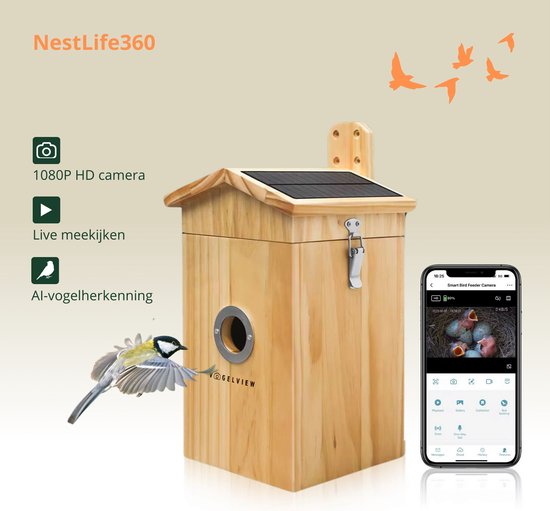 Vogelview Nestlife360 - Vogelhuisje met Camera - Hout - AI vogelherkenning - 1080p HD - Audio - Met zonnepaneel