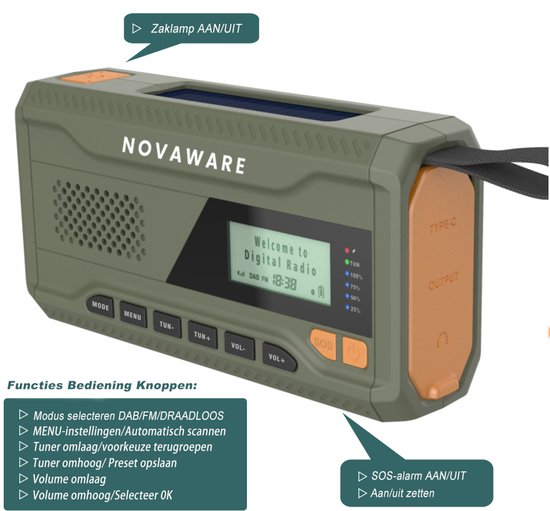 NovaWare® Noodradio Solar Opwindbaar - Powerbank Zonneenergie met 4500mAh - DAB+-FM - Noodpakket - Bluetooth speaker - Draagbare Radio - Groen