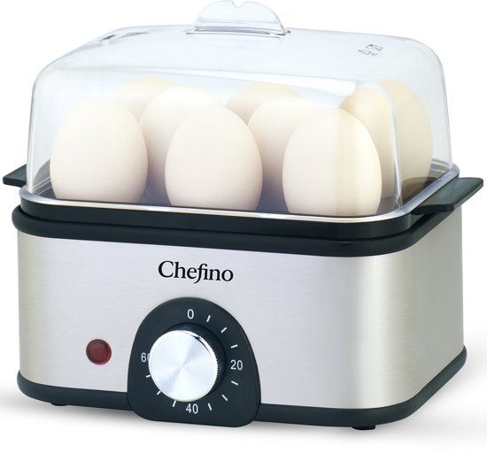 Chefino Eierkoker – Elektrisch – 8 Eieren – RVS – BPA-vrij – Timer & Automatische Uitschakeling – Inclusief Maatbeker met Eierprikker & Pochéerschaal – Anti-oververhitting – Zilver-Zwart