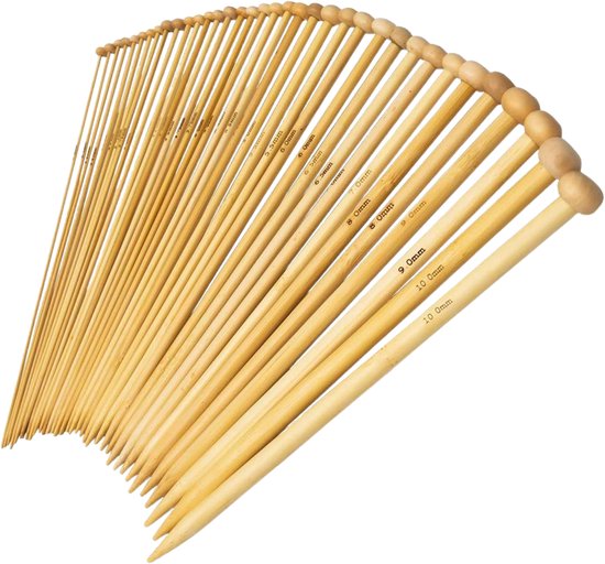 Breinaalden Set Bamboe 36 Stuks - 18 Verschillende Maten - 35 cm Lang - 2 tot 10 mm Dikte - Ergonomische Breinaald - Kwalitatief Hoogwaardig Bamboe