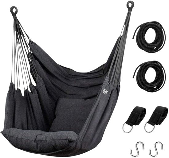 Hangstoel met Kussen – Hangende Stoel voor Binnen en Buiten – Inclusief Ophangset – Belastbaar tot 125 kg – Katoenen Hangstoel voor Tuin, Balkon, Slaapkamer & Balkon – Zwart