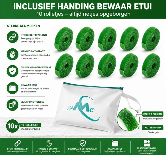 24ME® - 10M Plant Klittenband - Bindmaterialen - Incl. Bewaar Etui - Binnen- en Buiten Gebruik - Binddraad voor Planten