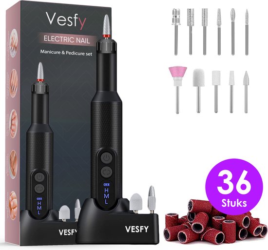 Vesfy Nagelfrees met 12 Nagelvijl Bitjes - Incl. 36 Schuurrolletjes - Pedicureset Professioneel - Nagelvijl Electrisch - Nagellak