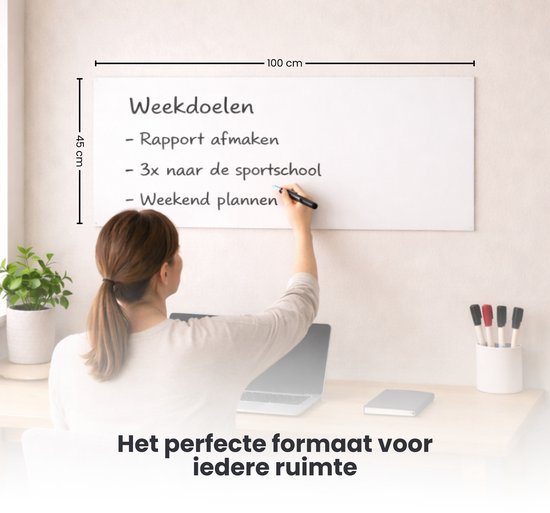FLOKOO Whiteboard Sticker XL Zelfklevend (200 x 45 cm) met 4 Stiften met Wisser - Whiteboard Folie - Beschrijfbare Muursticker - Whiteboardsticker - Whiteboardfolie - Schoolbord Folie - Memobord Folie