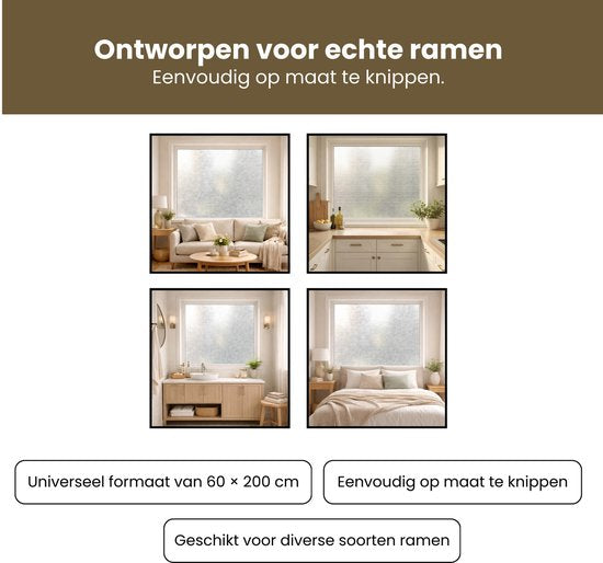 Raamfolie 60x200 cm – Zelfklevend & Statisch Hechtend – Privacy Folie voor Ramen – Zonwerende & Decoratieve Raamfolie – Eenvoudig Aan te Brengen – Waterdicht en Herbruikbaar