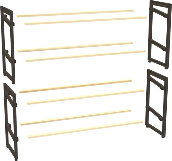 FixWood Houten Schoenenrek – 2-in-1 Stapelbaar Schoenenrek – 2 of 4 Lagen – Compact, Duurzaam en Stijlvol – Zwart-Hout – 65x26x52 cm