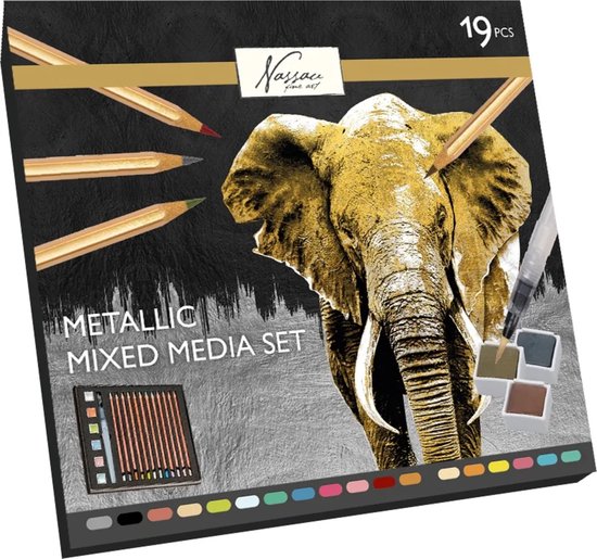 Nassau Fine Art 19-Delige Metallic Mixed Media Set | Metallic Kleurpotloden - Metallic verf - Waterbrush | In Handige Opbergbox