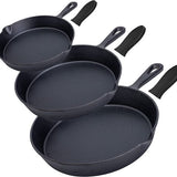 Gietijzeren Koekenpan Set 3-delig – Skillet Set Ø16, Ø19,5 & Ø24,5 cm – Pre-seasoned Gietijzer – Geschikt voor Inductie, Gas, Oven & BBQ – Inclusief Siliconen Handgrepen