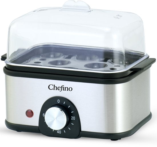 Chefino Eierkoker – Elektrisch – 8 Eieren – RVS – BPA-vrij – Timer & Automatische Uitschakeling – Inclusief Maatbeker met Eierprikker & Pochéerschaal – Anti-oververhitting – Zilver-Zwart