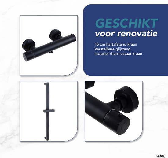 Luzzo® Square Black Doucheset Thermostaatkraan met Glijstang - Zwart