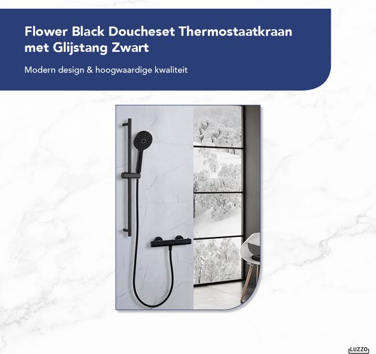 Luzzo® Flower Black Doucheset Thermostaatkraan met Glijstang - Zwart
