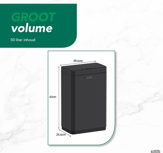 Luzzo® Iowa Black Prullenbak met Sensor 50 Liter - mat Zwart