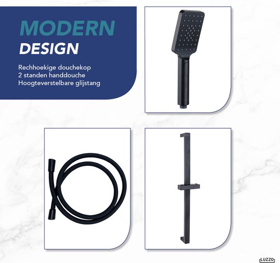 Luzzo® Square Black Doucheset Thermostaatkraan met Glijstang - Zwart