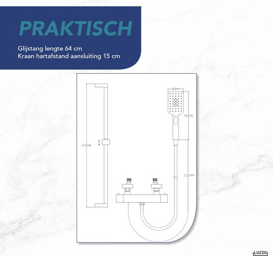 Luzzo® Square Black Doucheset Thermostaatkraan met Glijstang - Zwart