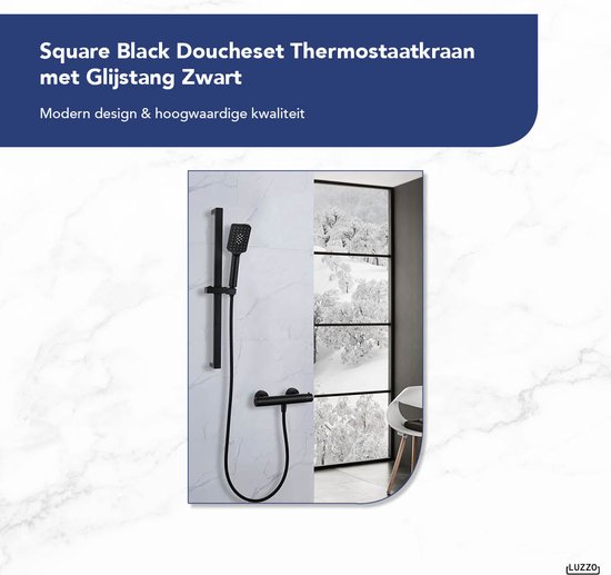 Luzzo® Square Black Doucheset Thermostaatkraan met Glijstang - Zwart