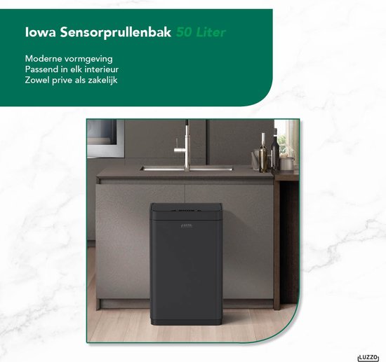 Luzzo® Iowa Black Prullenbak met Sensor 50 Liter - mat Zwart