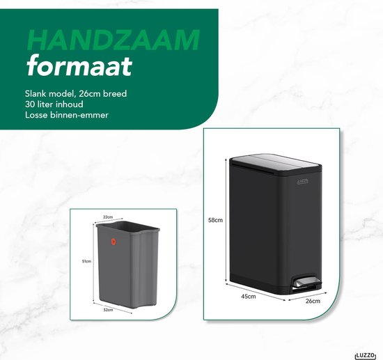 Luzzo® Pedaalemmer California 30L – Mat Zwart – Hygiënisch & Smal