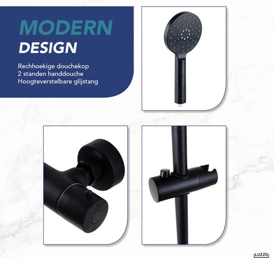 Luzzo® Flower Black Doucheset Thermostaatkraan met Glijstang - Zwart