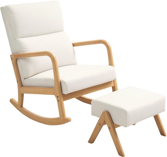 Schommelstoel met Kruk - Zachte Bekleding Linnenlook - Houten Frame - Crèmewit