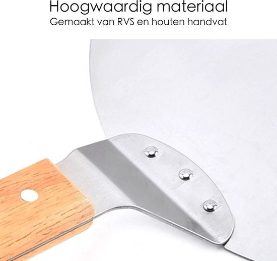 Pizzaschep - Pizzaschep RVS Rond voor BBQ of Oven - Houten Handvat 30cm Pizzaschep - Pizzaspatel - Taartschep -Spatel - Cadeau voor Pizzaliefhebber -