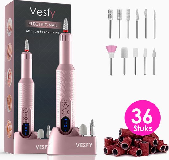 Vesfy Elektrische Nagelvijl - 20000 RPM - Draadloos & Oplaadbaar - 12 Bitjes + 36 Schuurrolletjes - Manicure & Pedicure - Valentijn
