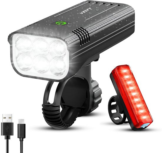 Vesfy Fietslampjes Set - Voorlicht & Achterlicht - USB Oplaadbaar - 1000 Lumen - Waterdicht IPX5 - Fietslamp - Fiets - Stadsfiets